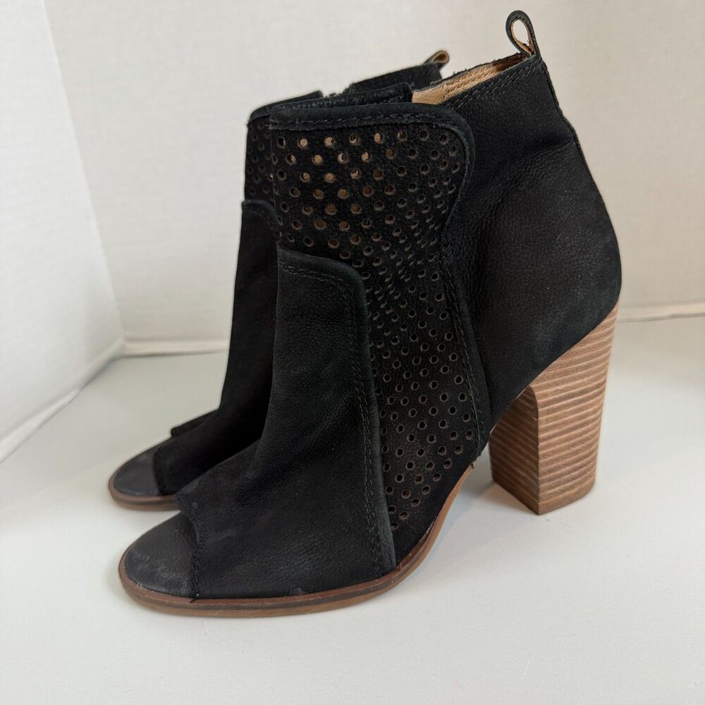 Lucky Brand Lakmeh Peep Toe Heeled Bootie Shoes Black Leather Women's Size 9.5 M